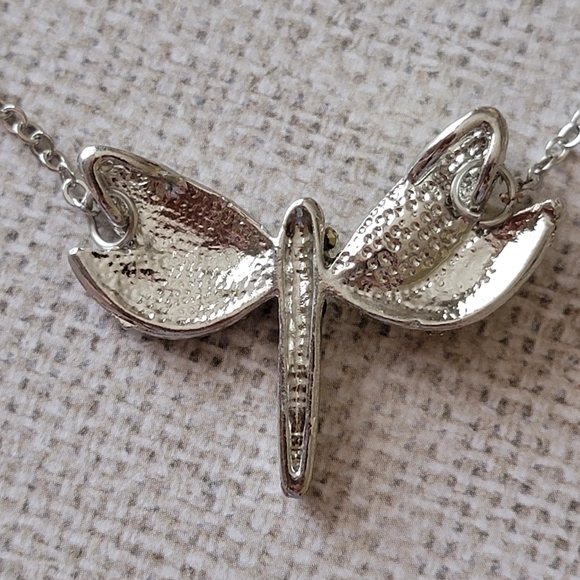 Dragonfly Necklace Rhinestone Pave Silver Tone - Picture 2 of 12